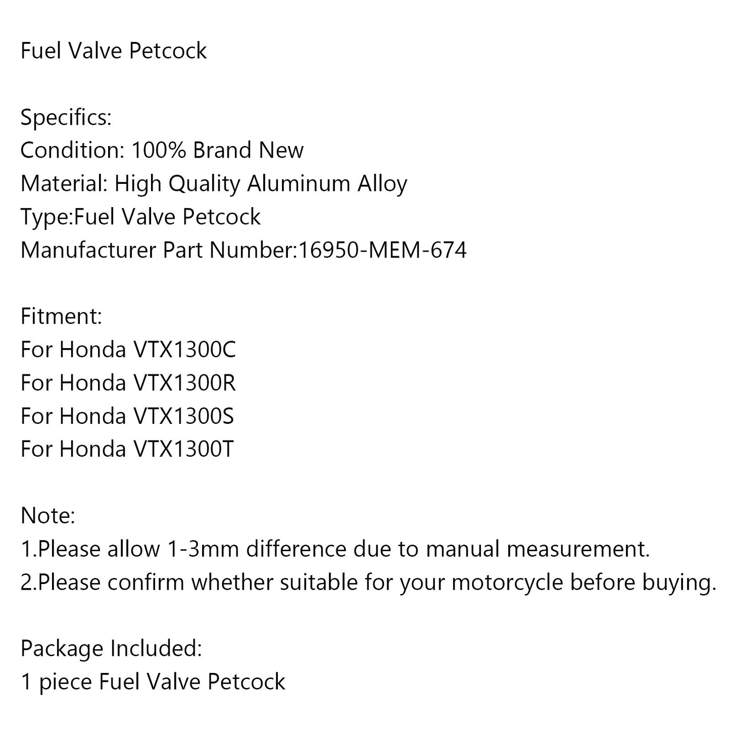 Carburante Vuoto Rubinetto per Honda VTX1300C VTX1300R VTX1300S VTX1300T 16950-MEM-674 Generico