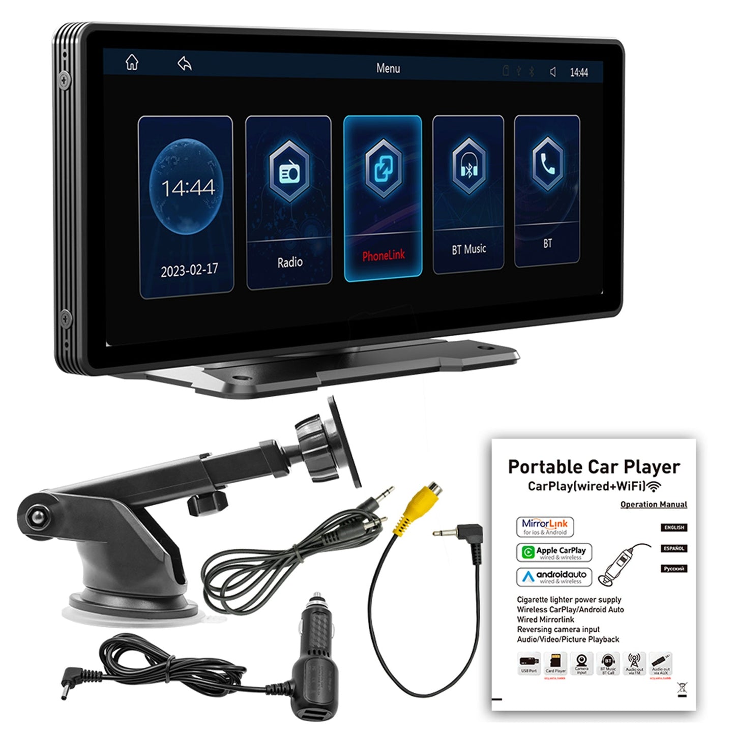 Lettore MP5 per auto FM con radio stereo Bluetooth wireless Carplay da 10,26 pollici + fotocamera a 4 LED