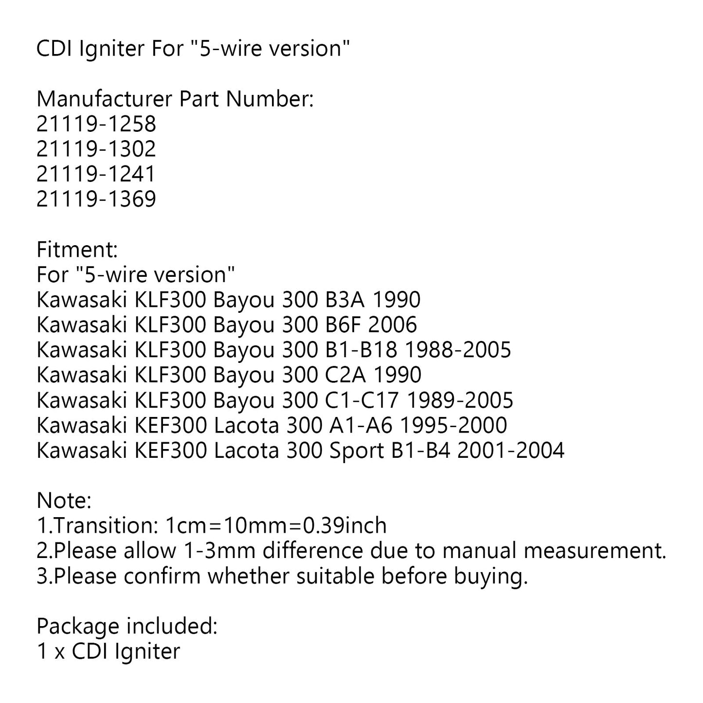 Accenditore CDI 21119-1369 adatto per Kawasaki KLF300 Bayou 300 KEF300 Lacota 300 Generico