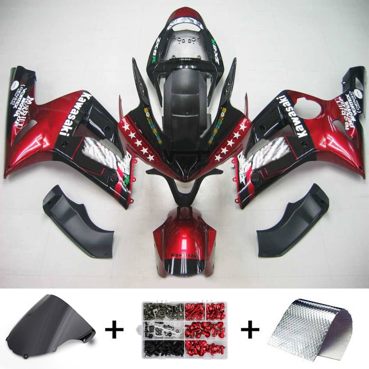 Amotopart 2003-2004 Kawasaki ZX6R 636 Kit di paura rosso nero lucido