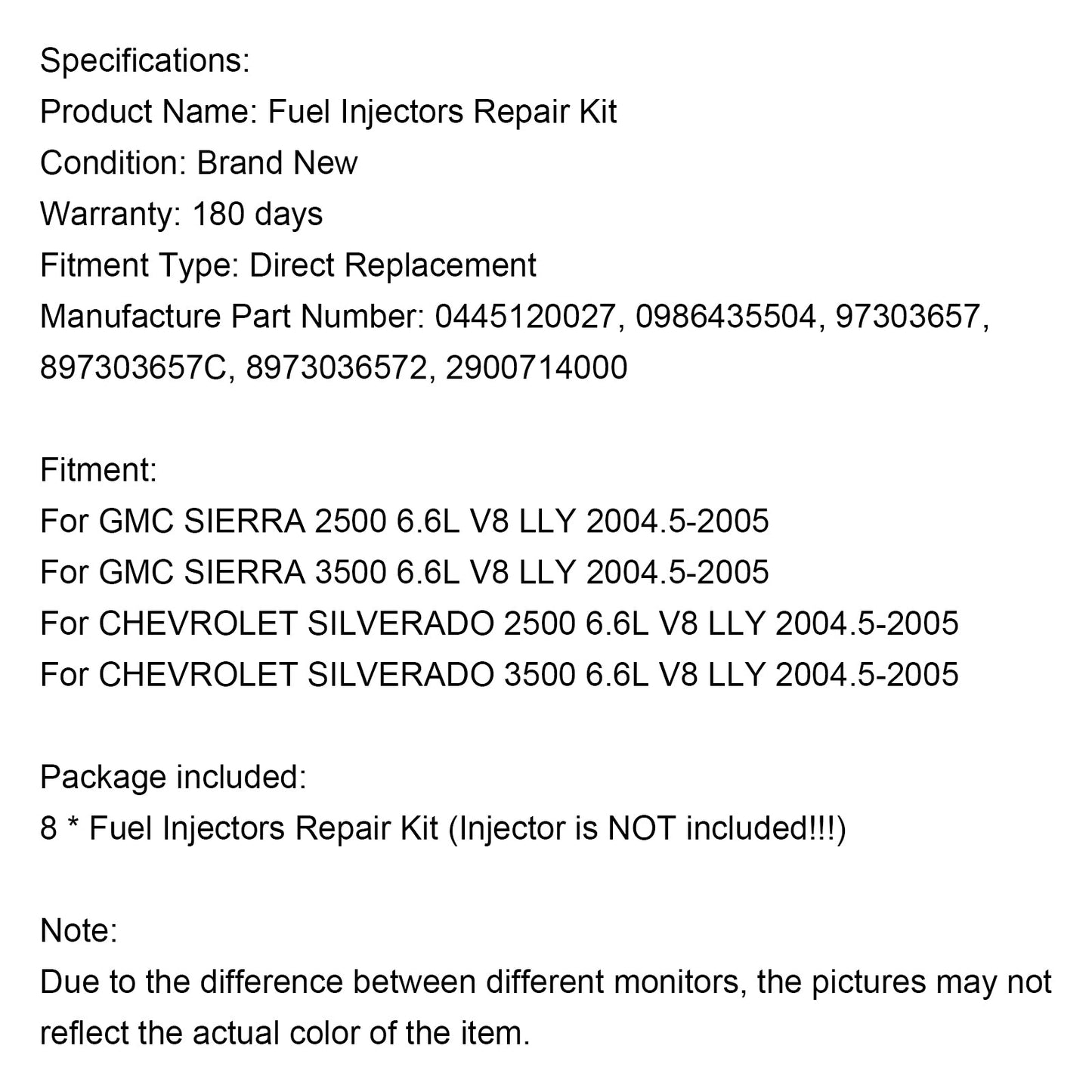 Kit di riparazione iniettore carburante 8 pezzi adatto a Chevy Fit GMC Duramax 6.6L 2004-2005 Diesel