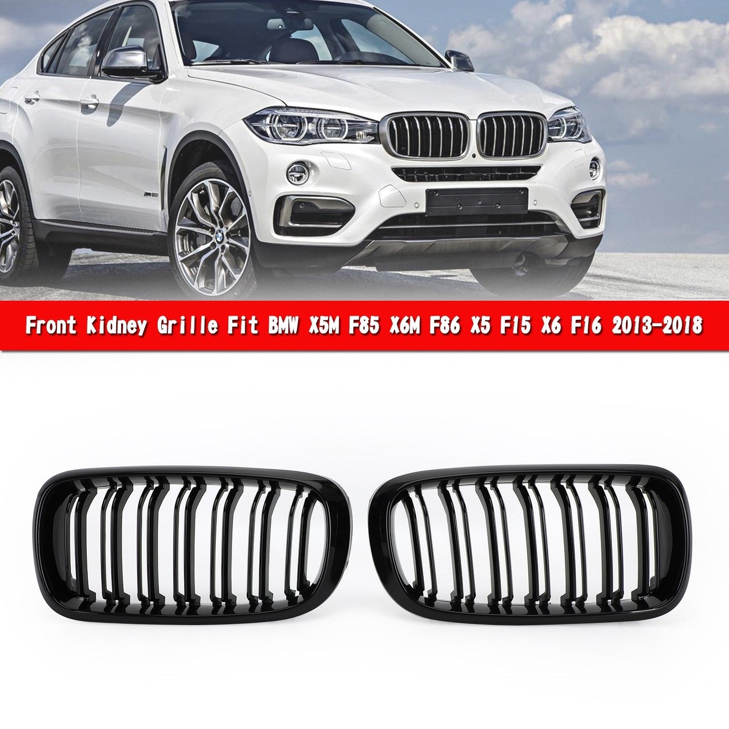 Griglia del rene anteriore doppia nera lucida per BMW X5M F85 X6M F86 X5 F15 X6 F16 13-18 Generico