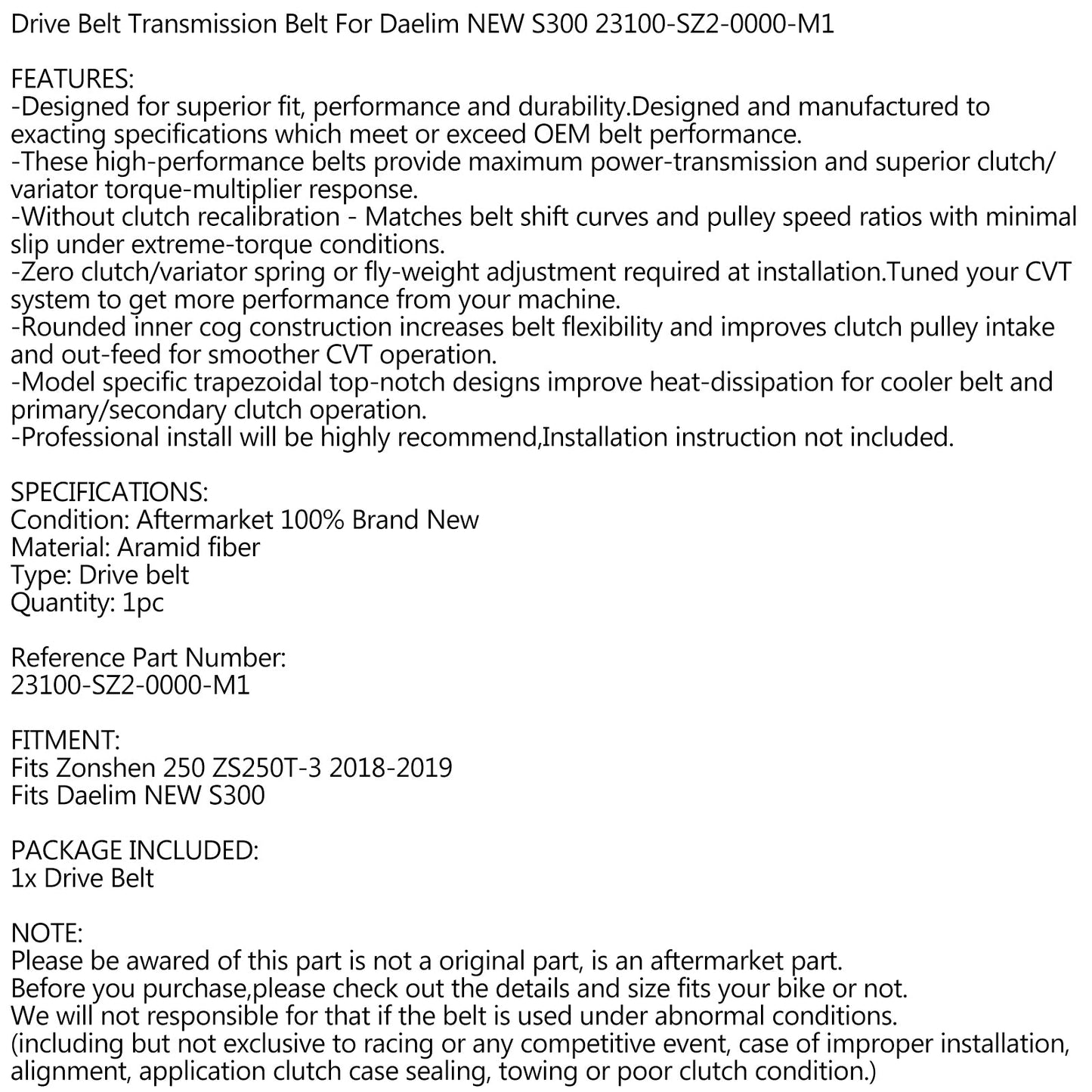 Cinghia trapezoidale di trasmissione a cinghia per Daelim NUOVO S300 23100-SZ2-0000-M1