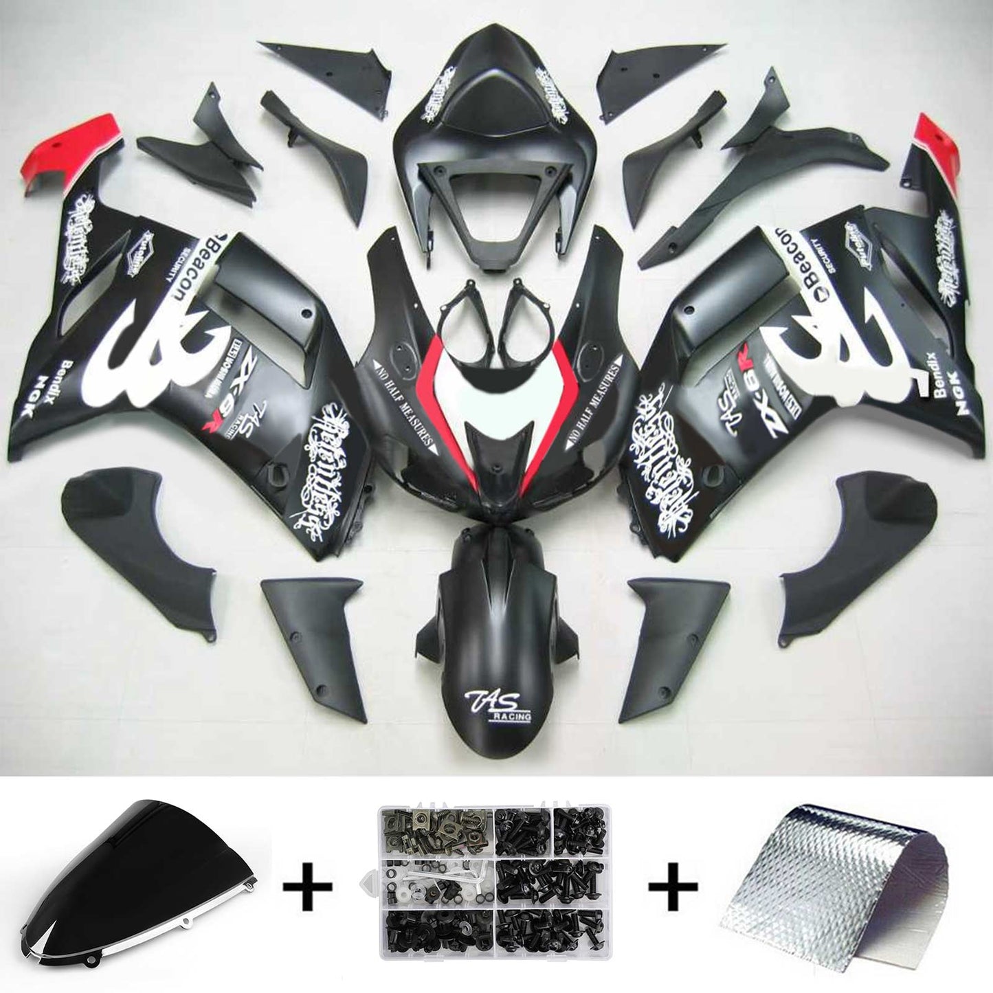 Amotopart Kawasaki 2007-2008 ZX6R 636 Kit di stagno loghi bianchi neri