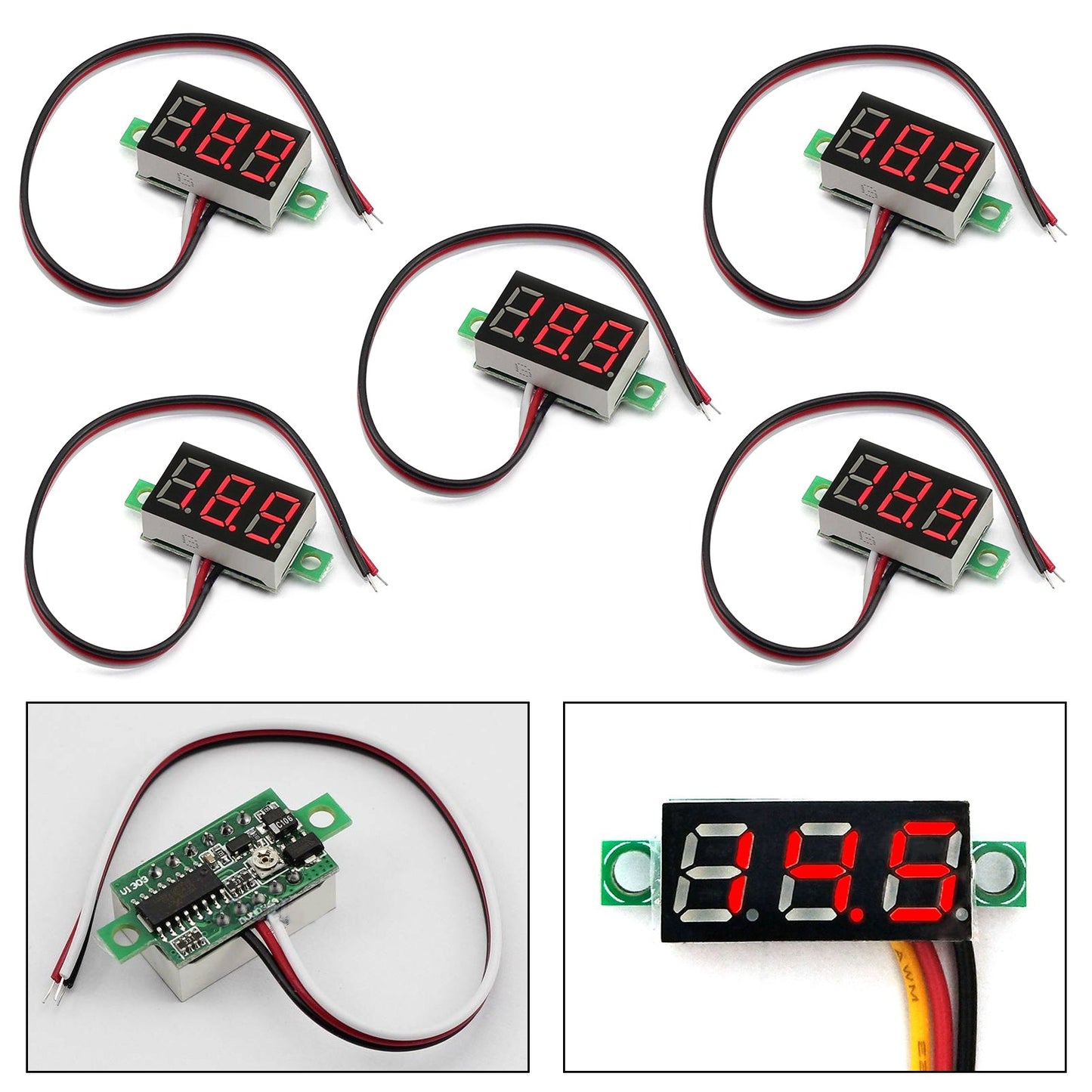 5x Mini DC 0-30V LED rosso Pannello voltmetro a 3 display digitale calibrabile