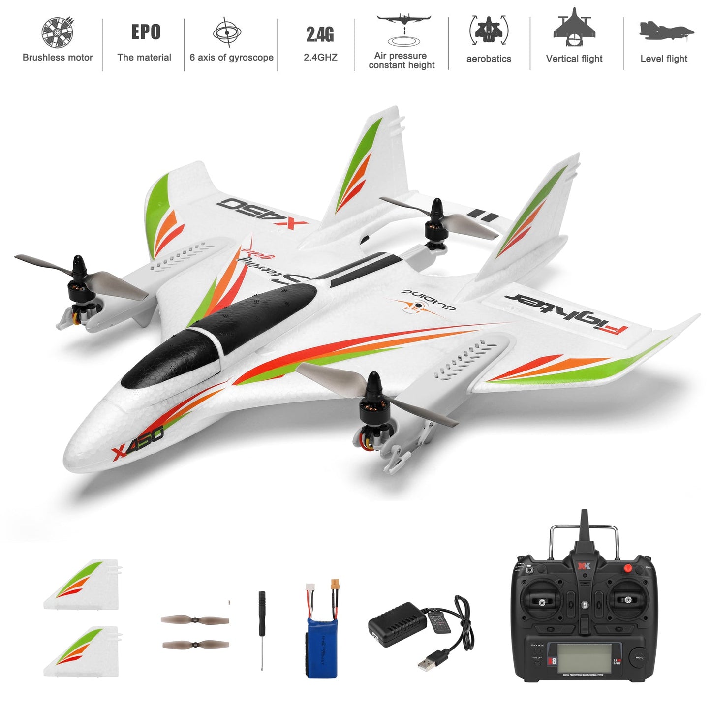 WLtoys XK X450 RC Airplane Brushless 2.4G 6CH 3D/6G LED ad ala fissa RTF