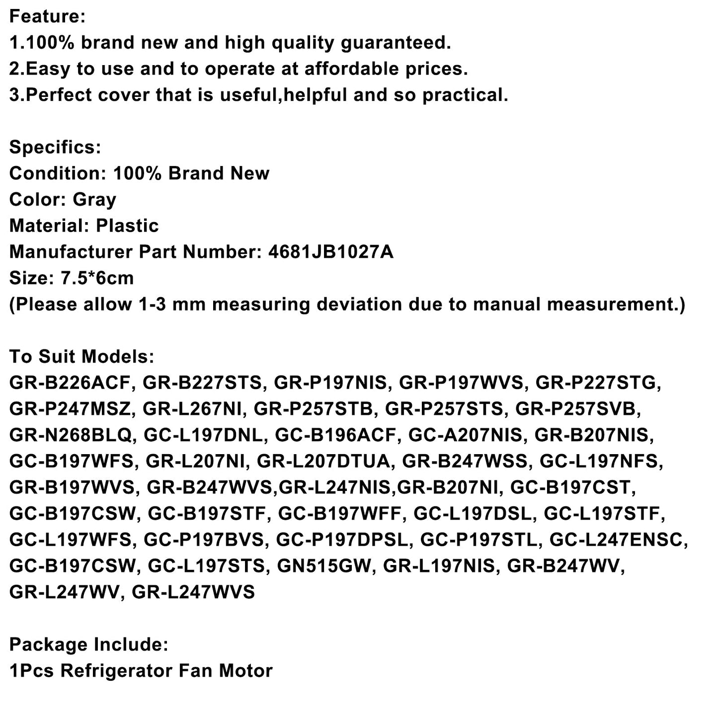 Motore del ventilatore dell“evaporatore del congelatore del frigorifero CC 13V per il frigorifero LG 4681JB1027A