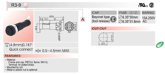 4PCS SCI R3-9A Supporto per fusibili telaio per montaggio a pannello per fusibili in vetro 6x30mm 15A 250V