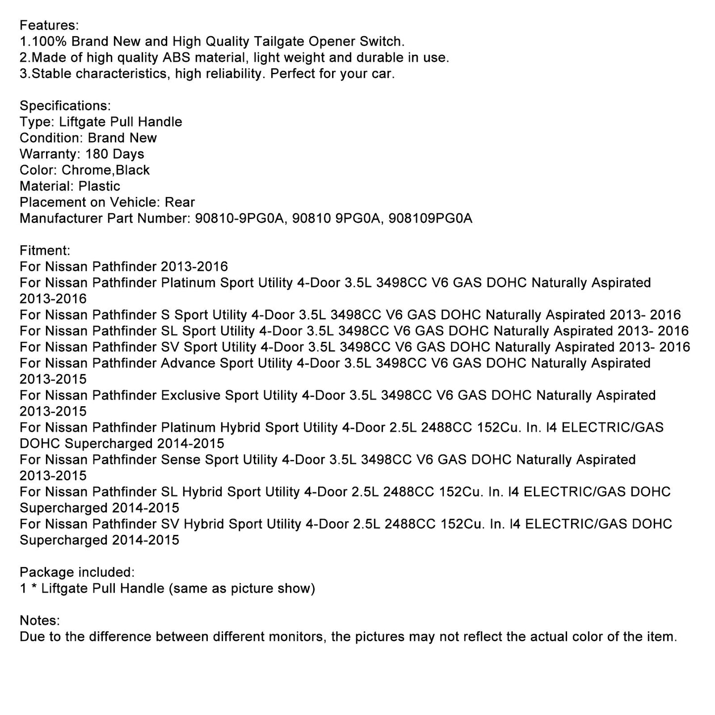 2013-2020 Nissan Pathfinder 3.5LManico di sollevamento posteriore cromato 90810-9PG2A Fedex Express