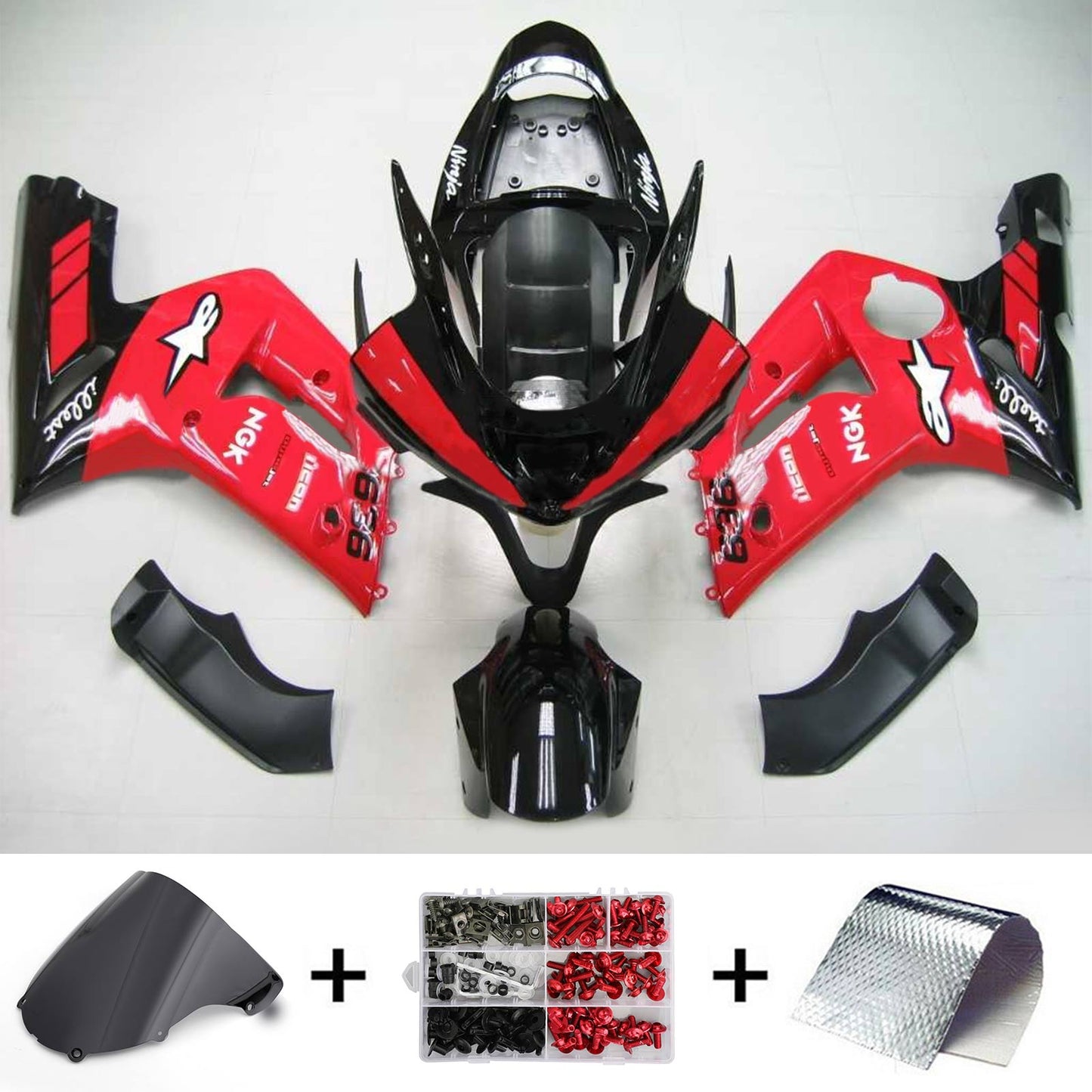 Amotopart 2003-2004 Kawasaki ZX6R 636 Kit di rivestimento nero rosso