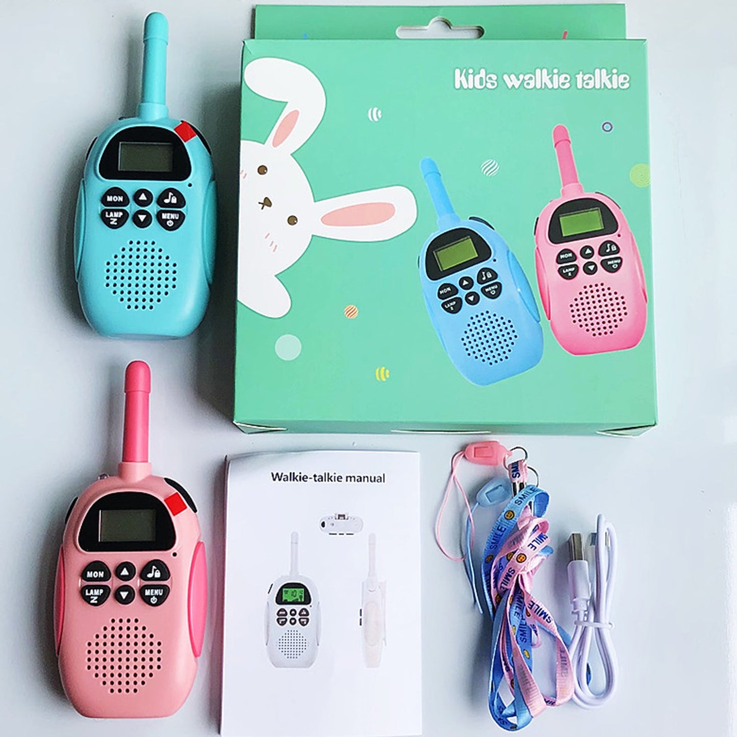 Confezione da 2 walkie talkie per bambini 22 canali radio a 2 vie portata 3 km palmare originale