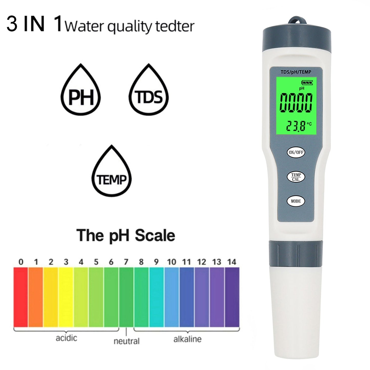 3 in 1 Digital PH TDS TEMP Strumento per tester per tester per misuratore di qualità dell&#39;acqua impermeabile