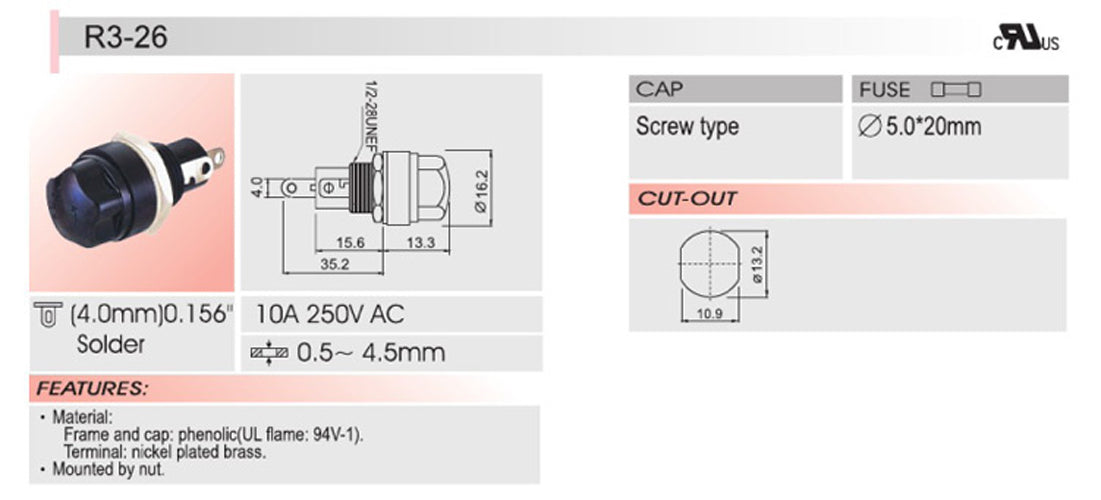 Portafusibili telaio SCI R3-26 per montaggio a pannello per fusibili in vetro 5x20mm 10A 250V