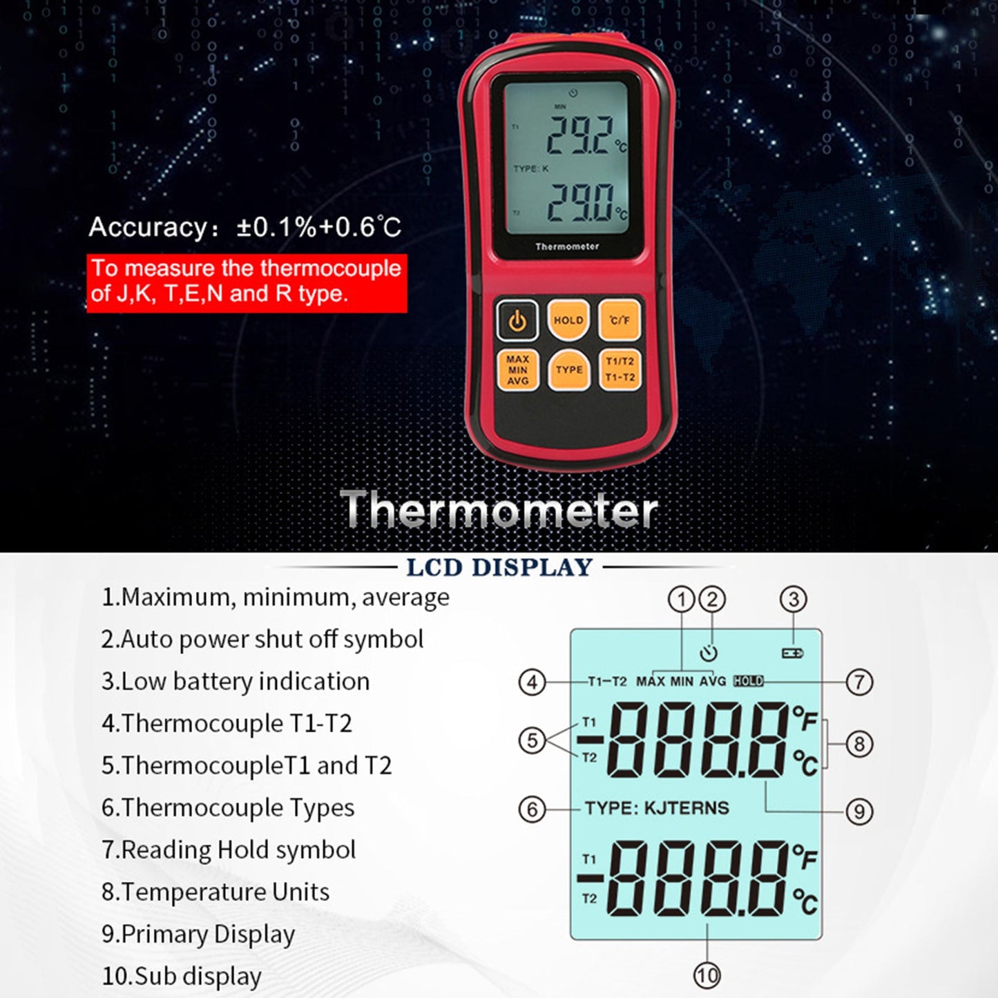 Termometro a termocoppia digitale Tester per misuratore di temperatura a doppio canale LCD