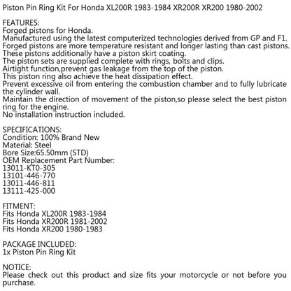 Kit XR200R 13011-446-811 Honda 65.50mm UE XR200 Pistone XL200 Per 1980-2002 STD Generico