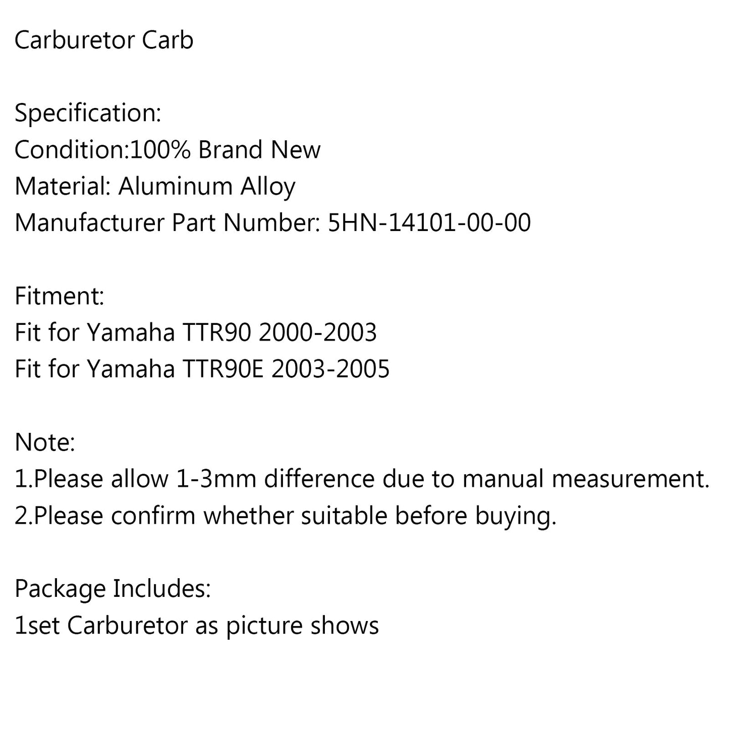 Carburatore Carb adatto per Yamaha TTR 90 TTR90 2000-2003 TTR90E 2003-2005 Generico