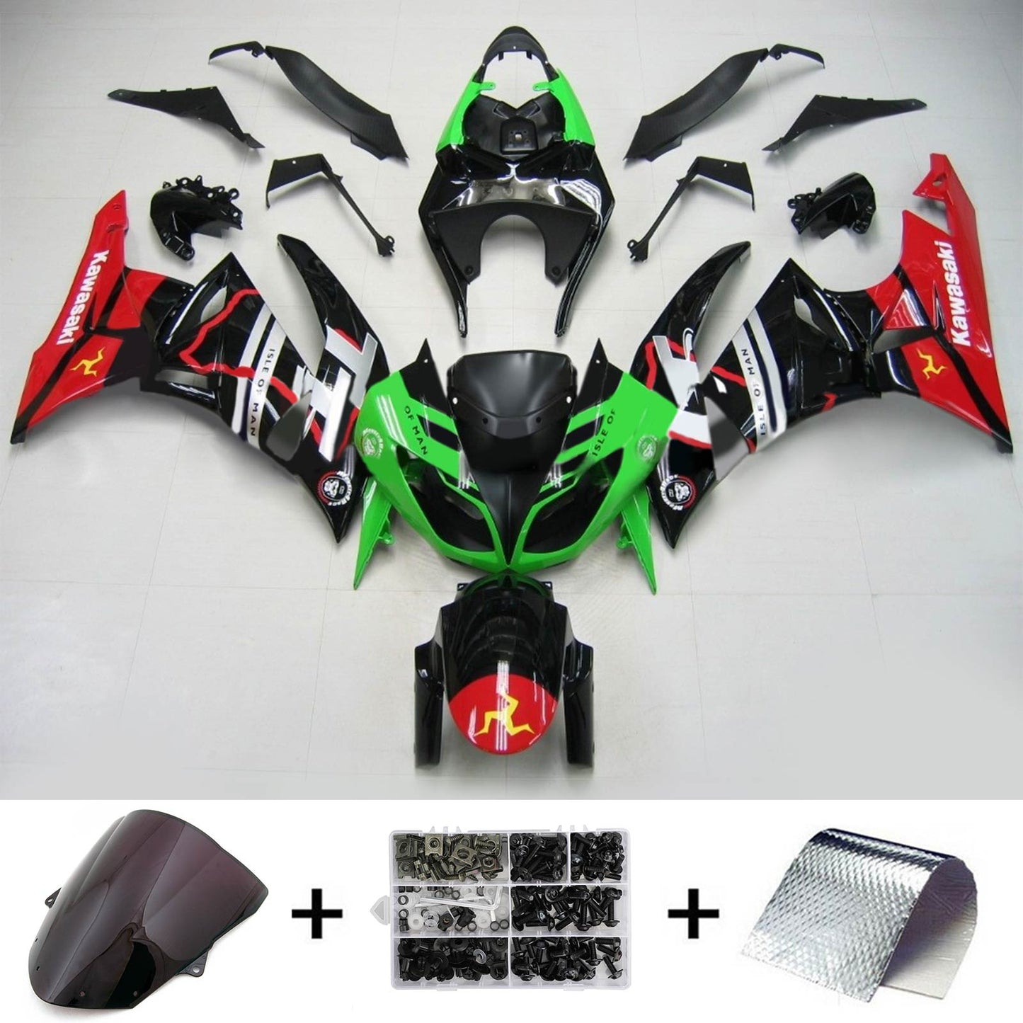 Amotopart Kawasaki 2009-2012 ZX6R 636 Kit di paura nera rosso verde