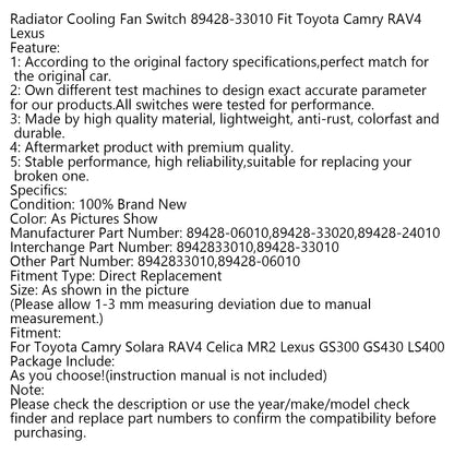 Interruttore della ventola di raffreddamento del radiatore 89428-33010 adatto a Toyota Camry RAV4 Lexus generico